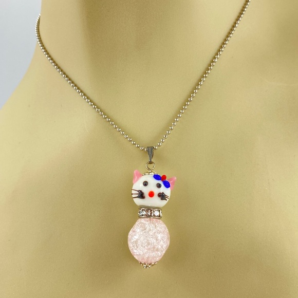 Host Pick!  New Cat Pendant Necklace, Lamp Work, Swarovski Crystals - Picture 2 of 5